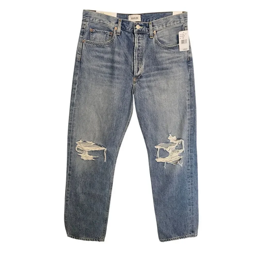 Agolde Kelly Jeans High Rise Relaxed Straight Blue Womens 29 Distressed NWT